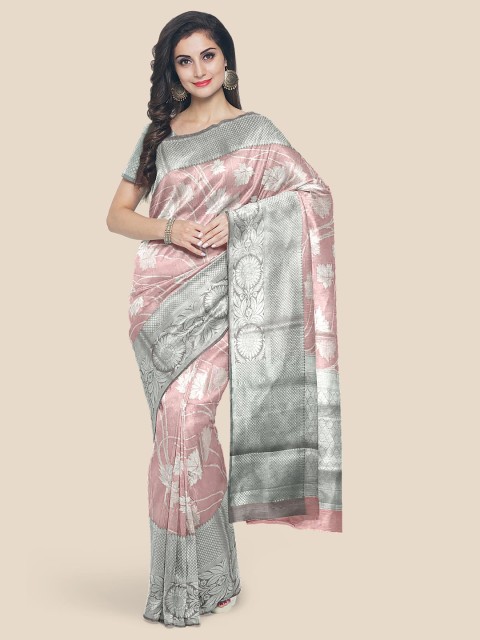 

Kalamandir Pink & Silver-Toned Woven Design Cotton Blend Chanderi Saree