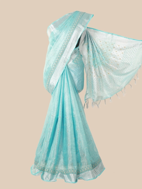 

Pothys Turquoise Blue Embellished Beads and Stones Linen Blend Saree