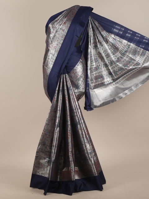 

Pothys Silver & Navy Blue Cotton Blend Saree