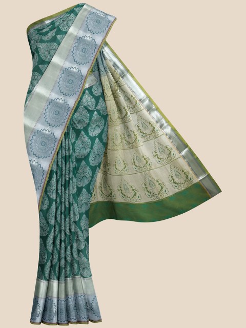 

Kalamandir Green & Silver-Toned Ethnic Motifs Woven Design Silk Blend Kanjeevaram Saree