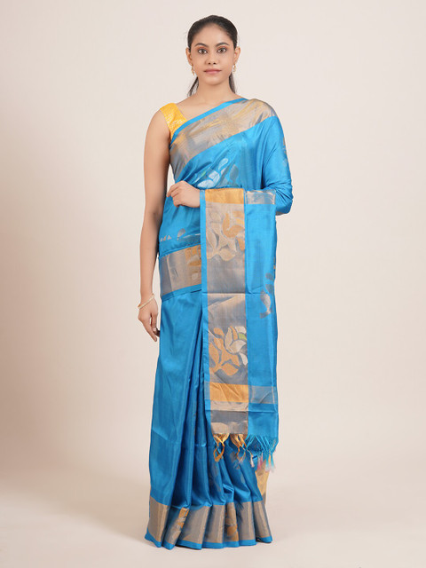 

Pothys Blue & Gold-Toned Woven Design Zari Pure Silk Uppada Saree