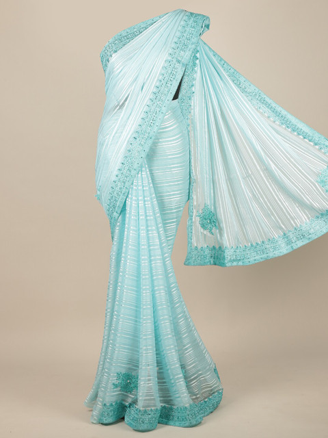 

Pothys Blue Striped Embroidered Heavy Work Poly Chiffon Saree