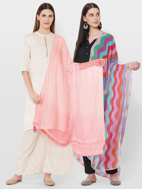 

Get Wrapped Pink & Multicoloured Striped Viscose Rayon Dupatta with Gotta Patti