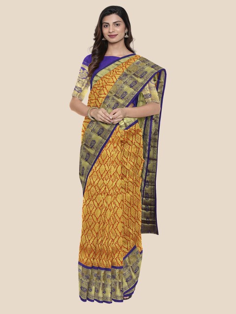 

Kalamandir Brown & Blue Ethnic Motifs Zari Silk Blend Kanjeevaram Saree