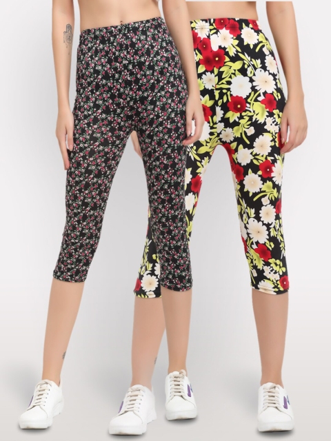

NEUDIS Women Pack of 2 Black & Red Printed Capris