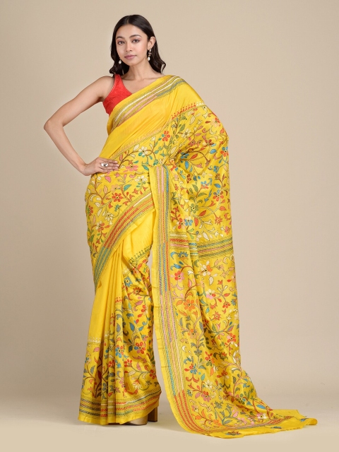 

Mitera Yellow & Pink Floral Embroidered Pure Silk Saree