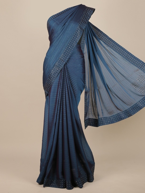 

Pothys Blue Striped Beads and Stones Poly Chiffon Saree