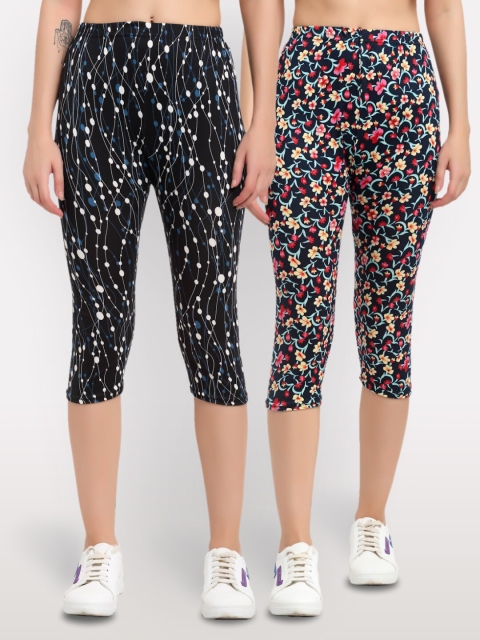 

NEUDIS Women Set of 2 Printed Skinny Fit Capris, Black