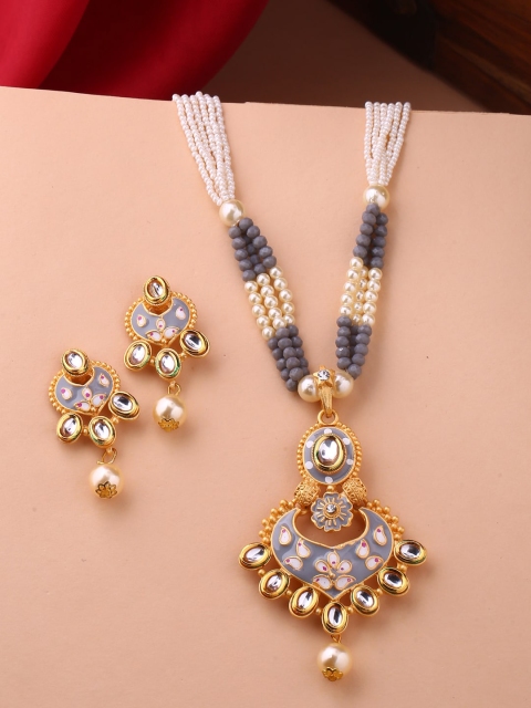 

Shoshaa Women Gold-Plated Blue & White Stone-Studded & Beaded Hand Painted Jewellery Set