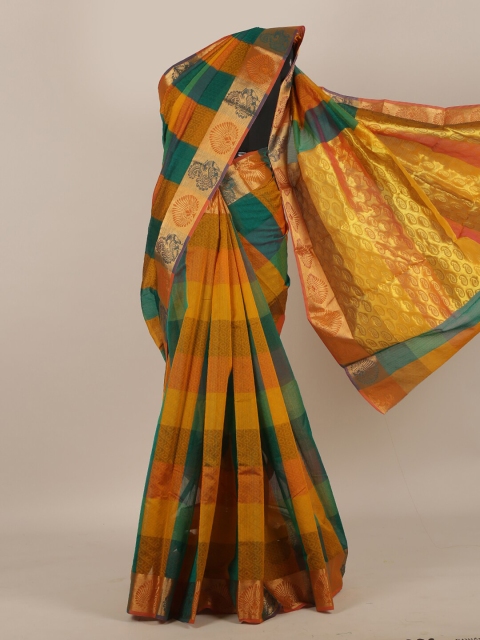 

Pothys Mustard & Green Checked Silk Cotton Saree