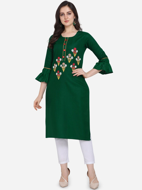 

Kvsfab Women Green Floral Embroidered Flared Sleeves Straight Kurta