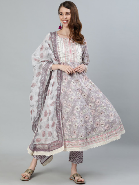 

Ishin Women Purple Floral Embroidered Empire Kurti with Trousers & With Dupatta