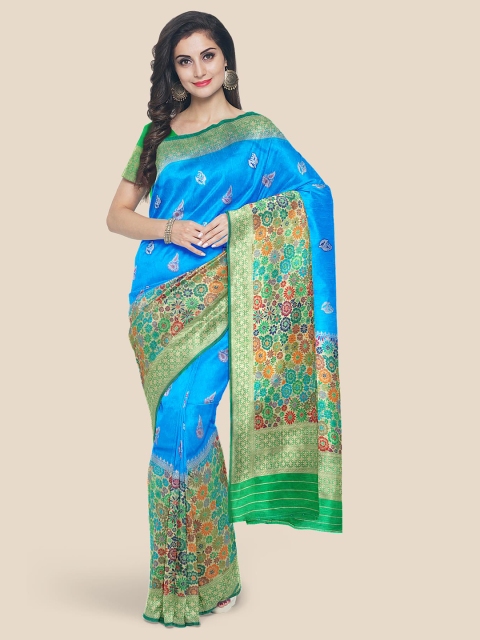 

Kalamandir Blue & Green Floral Zari Silk Blend Banarasi Saree