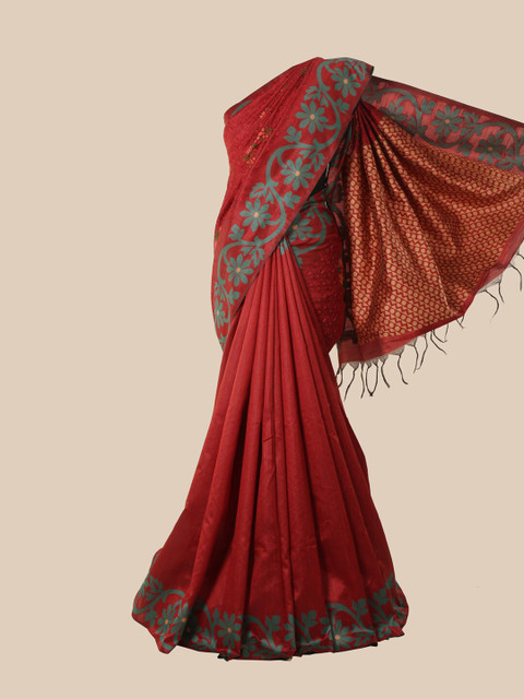 

Pothys Maroon & Grey Floral Jute Silk Saree