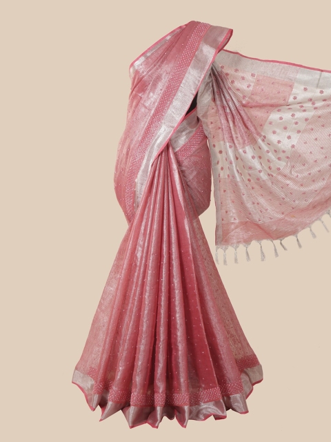 

Pothys Pink & Silver-Toned Embellished Beads and Stones Linen Blend Saree