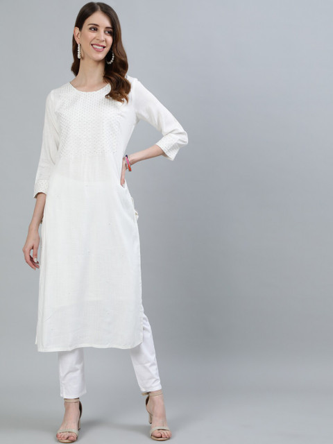 

Ishin Women Off White Yoke Design Embroidered A-Line Kurta