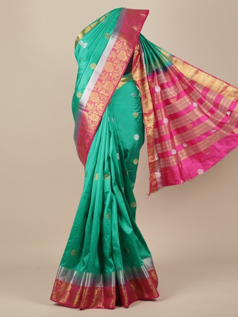

Pothys Green & Pink Floral Zari Jute Silk Saree