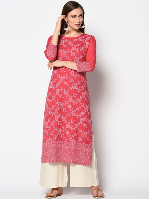 

Kvsfab Women Pink & White Ethnic Motifs Printed straight Kurta
