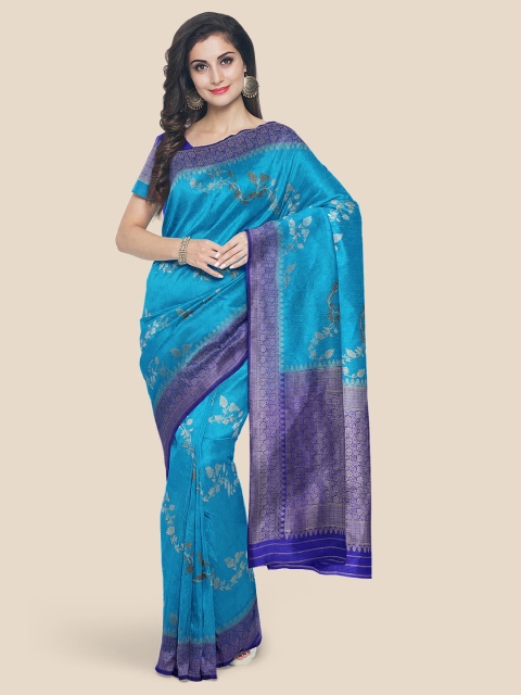 

Kalamandir Blue & Gold-Toned Floral Zari Silk Blend Banarasi Saree