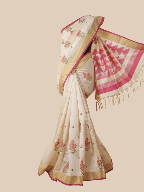 

Pothys Cream & Pink Floral Jute Silk Saree