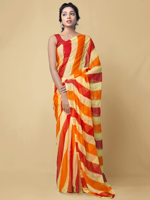 

Unnati Silks Red & Yellow Striped Sequinned Pure Chiffon Bhagalpuri Saree