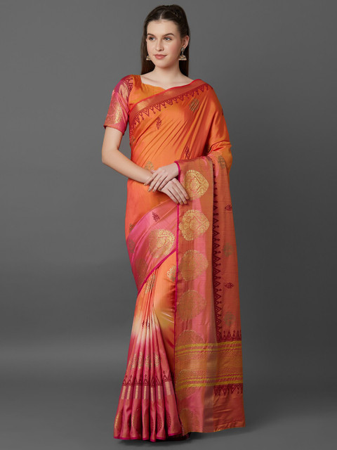

Mitera Peach & Orange Woven Design Silk Blend Banarasi Saree
