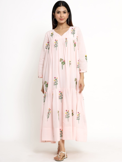 

VRISA Pink Floral Cuffed Sleeves Floral Maxi Dress