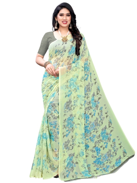 

KALINI Green & Blue Floral Pure Chiffon Saree