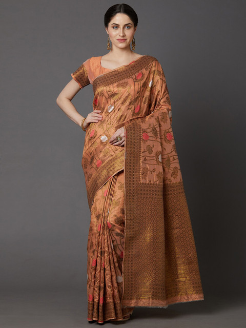 

Mitera Peach & Gold-Toned Floral Silk Blend Banarasi Saree