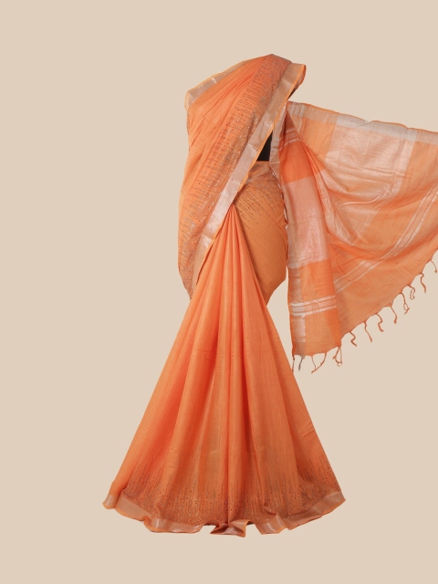 

Pothys Orange & Silver-Coloured Embellished Zari Linen Blend Saree