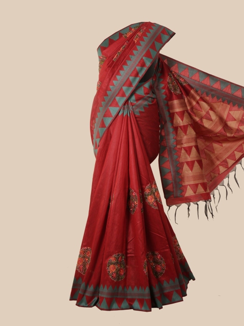 

Pothys Maroon & Blue Floral Jute Silk Saree