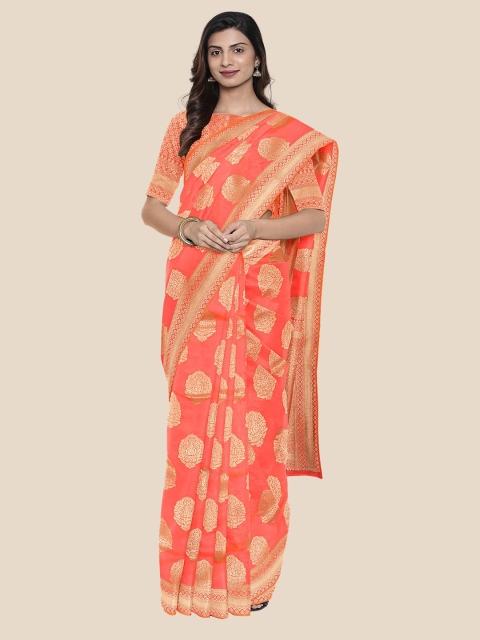 

Kalamandir Coral & Gold-Toned Woven Design Silk Blend Banarasi Saree