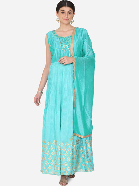 

BOMBAY SELECTIONS Women Sea Green Ethnic Motifs Embroidered Pleated Kurti with Churidar & With Dupatta