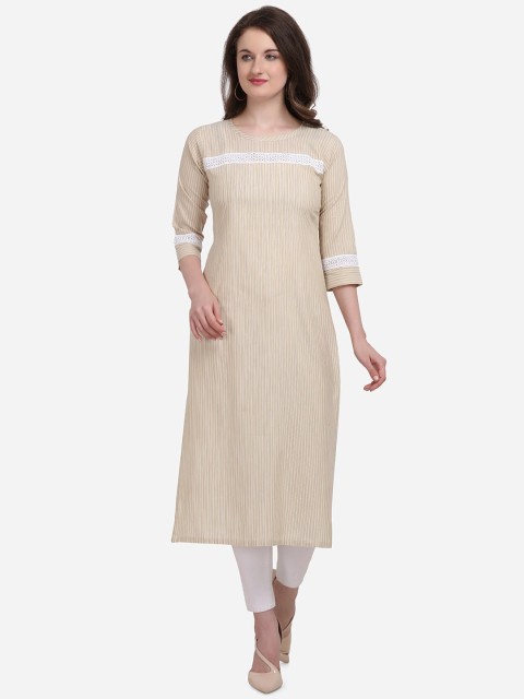 

Kvsfab Women Beige & White Patchwork Striped Cotton Straight Kurta