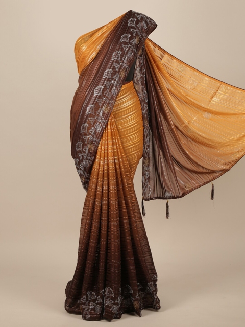 

Pothys Brown & Mustard Striped Beads and Stones Saree