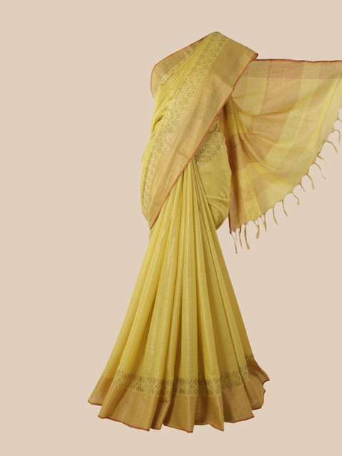 

Pothys Yellow & Brown Embroidered Linen Blend Saree