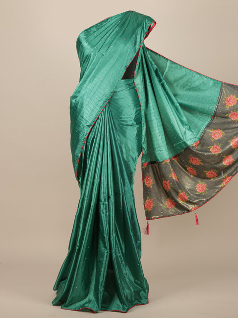 

Pothys Green & Pink Embellished Beads and Stones Jute Silk Saree