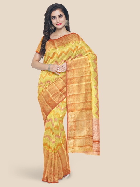 

Kalamandir Yellow & Rust Striped Zari Silk Blend Banarasi Saree