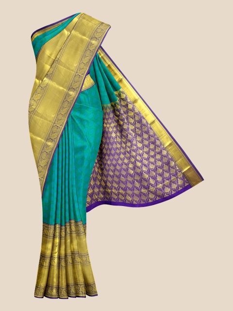 

Kalamandir Teal & Gold-Toned Ethnic Motifs Woven Design Zari Silk Blend Kanjeevaram Saree