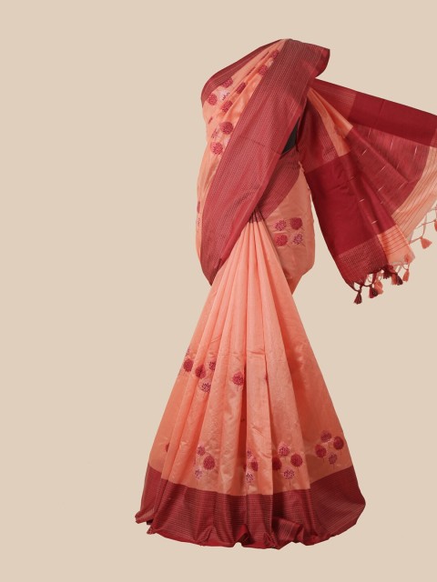 

Pothys Peach & Maroon Floral Jute Silk Saree
