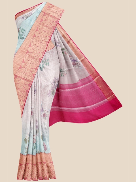 

Kalamandir Pink & Blue Floral Silk Blend Banarasi Saree