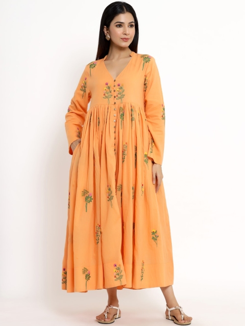 

VRISA Women Orange Floral Embroidered Empire Pure Cotton Midi Dress