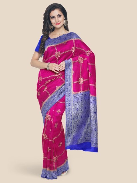 

Kalamandir Pink & Blue Checked Zari Silk Blend Banarasi Saree