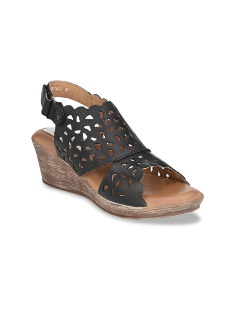 

Delize Women Black Leather Wedge Light Weight Laser Cuts Wedge