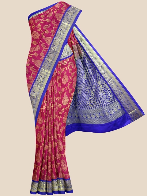 

Kalamandir Pink & Blue Woven Design Silk Blend Kanjeevaram Saree