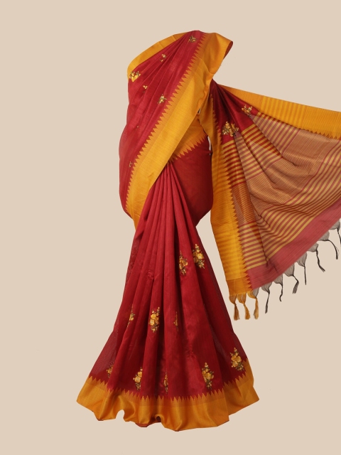 

Pothys Maroon & Yellow Floral Embroidered Jute Silk Saree