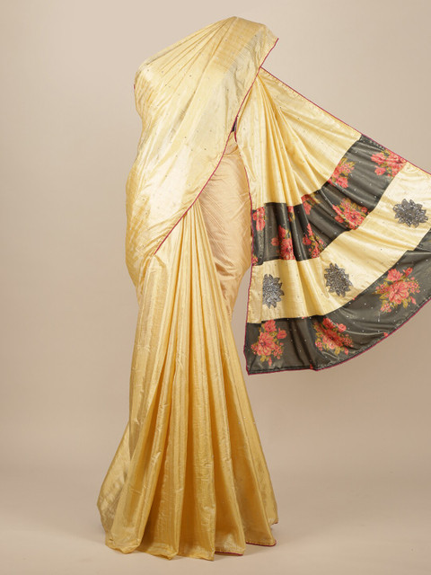 

Pothys Cream & Black Embellished Beads and Stones Jute Silk Saree