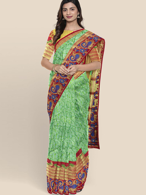 

KLM Fashion Mall Green & Red Woven Design Silk Blend Kanjeevaram Saree