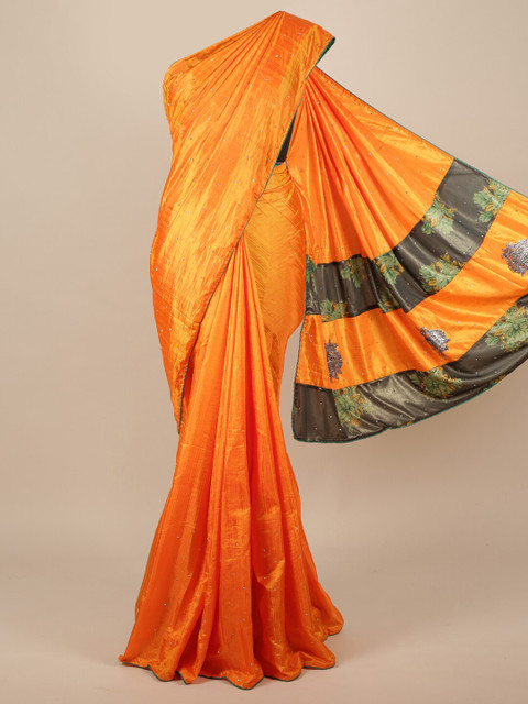 

Pothys Orange & Olive Green Floral Jute Silk Saree