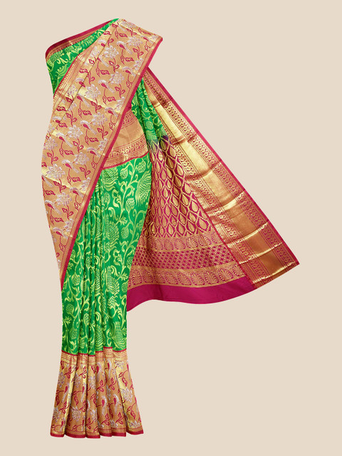 

Kalamandir Green Floral Zari Silk Blend Kanjeevaram Saree